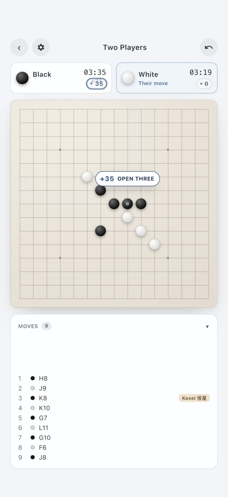 The Gomoku Narabe game screen: a game in progress on a 15 by 15 board, with a +35 Open Three award floating above black's stones, both players' clocks above it and the move list below.